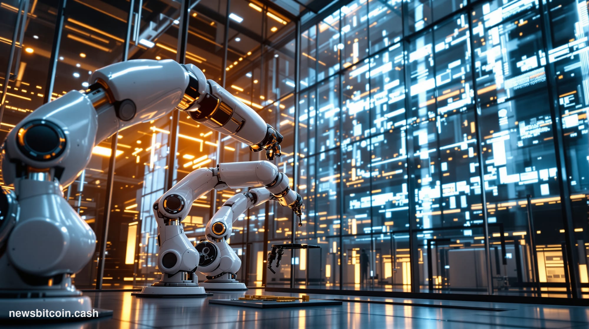 A cinematic photorealistic editorial photograph showing a futuristic robotics facility with sleek white and metallic robotic 