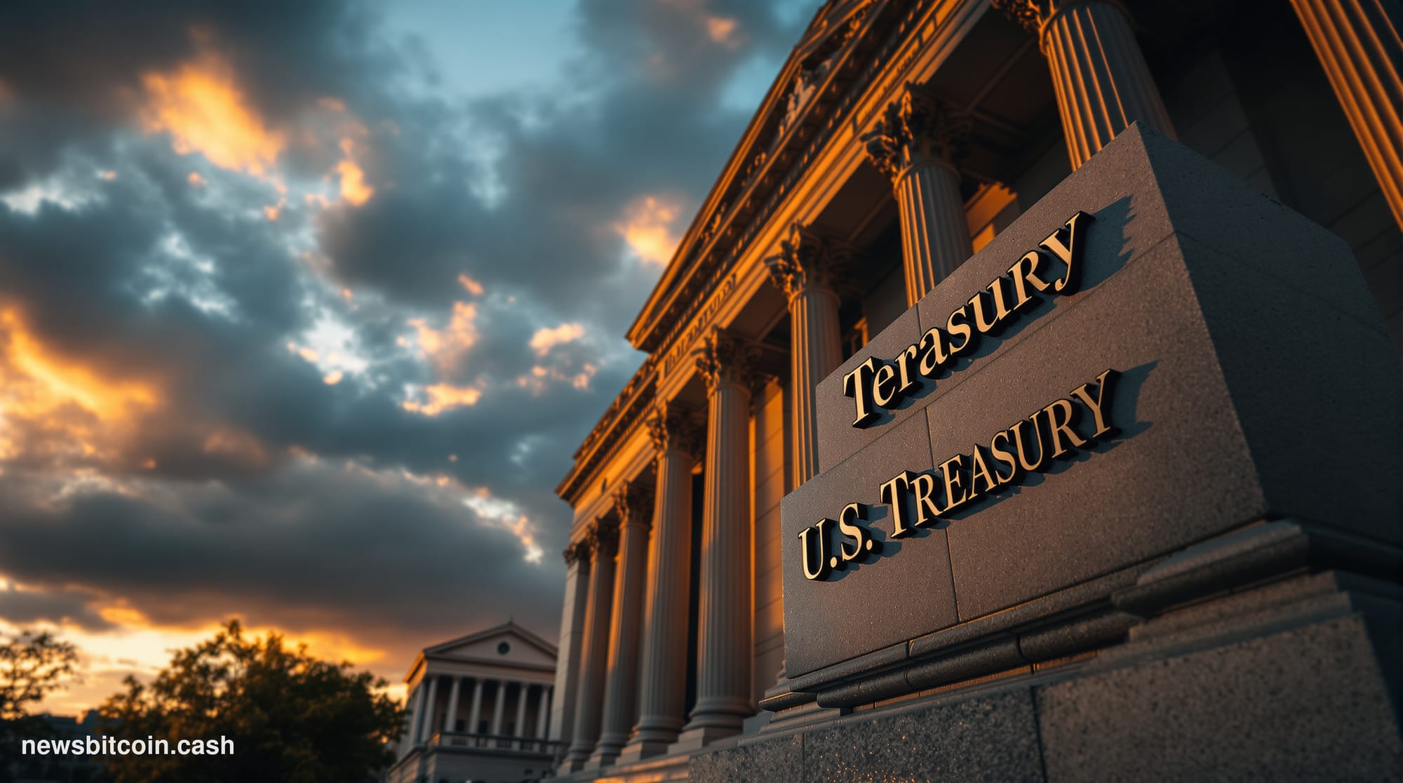 A cinematic photorealistic editorial photograph of the U.S. Treasury Building in Washington D.C., captured during golden hour