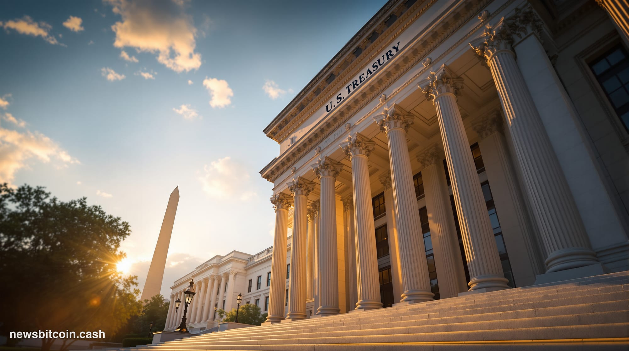 A cinematic photorealistic editorial photograph capturing the imposing neoclassical architecture of the U.S. Treasury Buildin