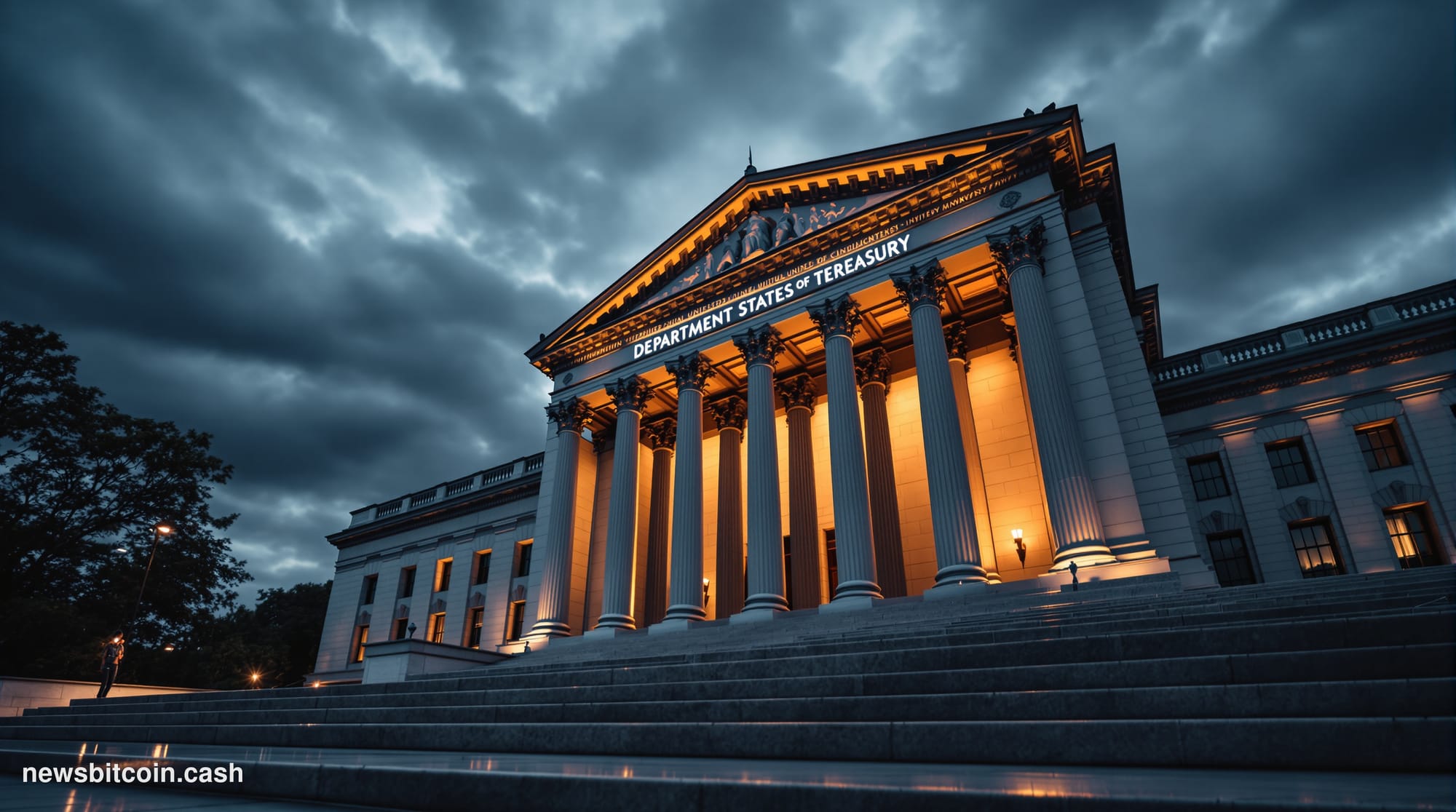 Cinematic photorealistic editorial photograph of the United States Treasury building in Washington DC, captured from a low an