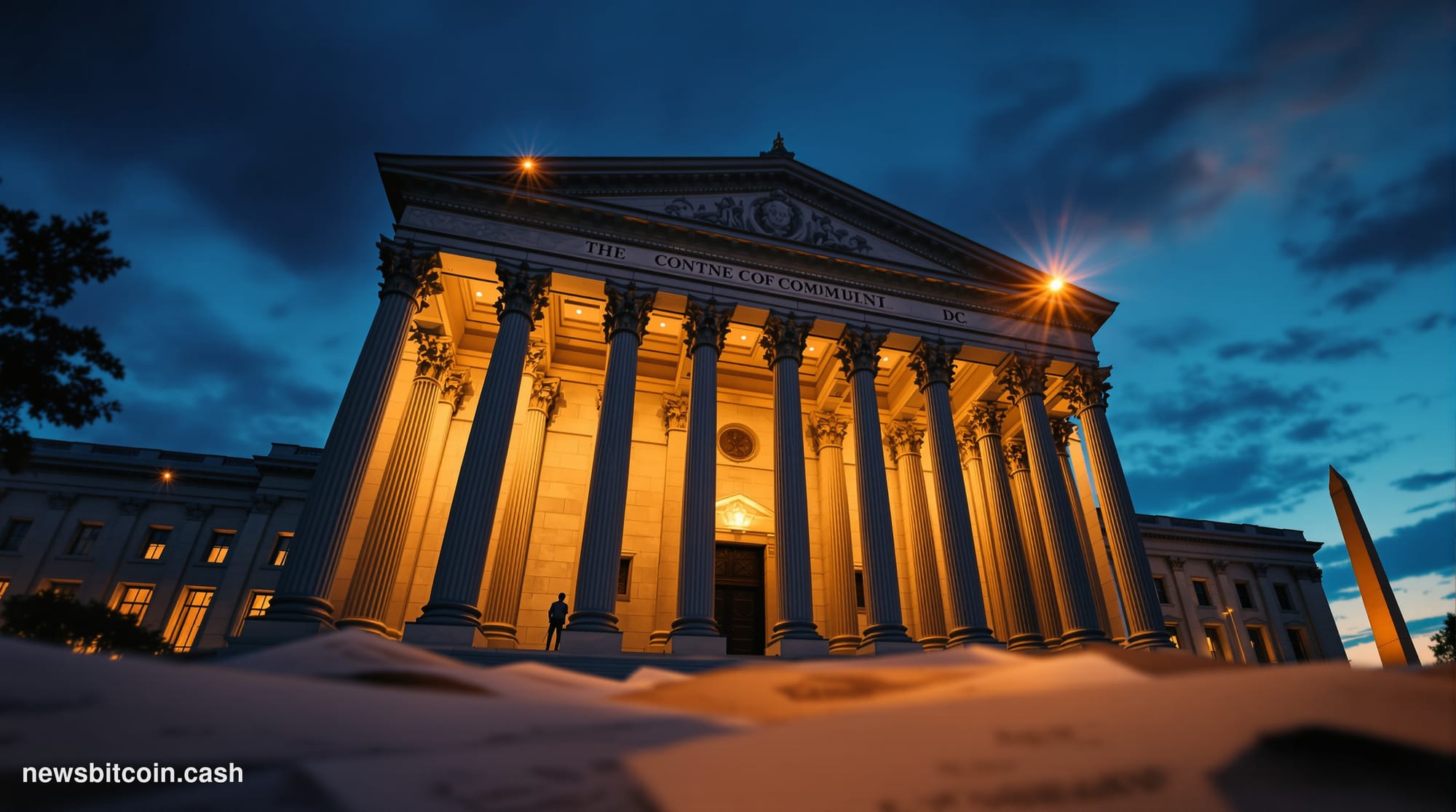 A cinematic photorealistic editorial photograph showing the imposing facade of the US Treasury building in Washington DC at d