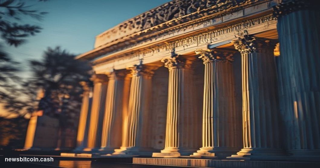A dramatic photorealistic editorial photograph showing the imposing facade of the US Treasury Department building in Washingt