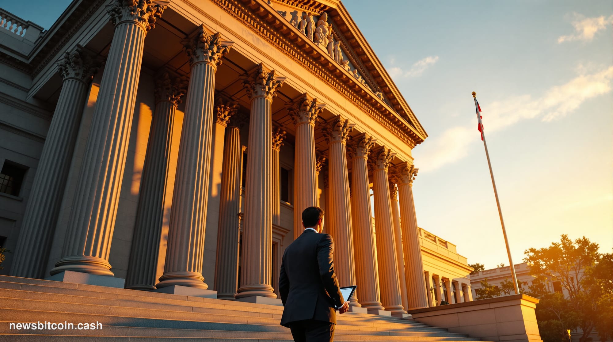A cinematic photorealistic editorial photograph of the US Treasury Building in Washington DC at golden hour, with dramatic si