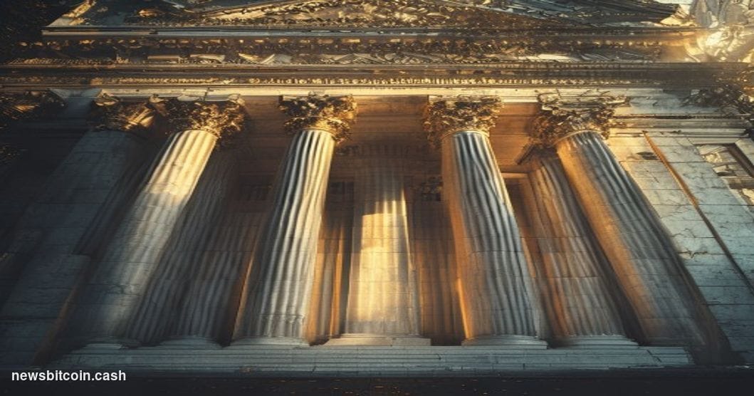 A dramatic photorealistic editorial photograph of the U.S. Treasury building in Washington D.C., shot from a low angle emphas