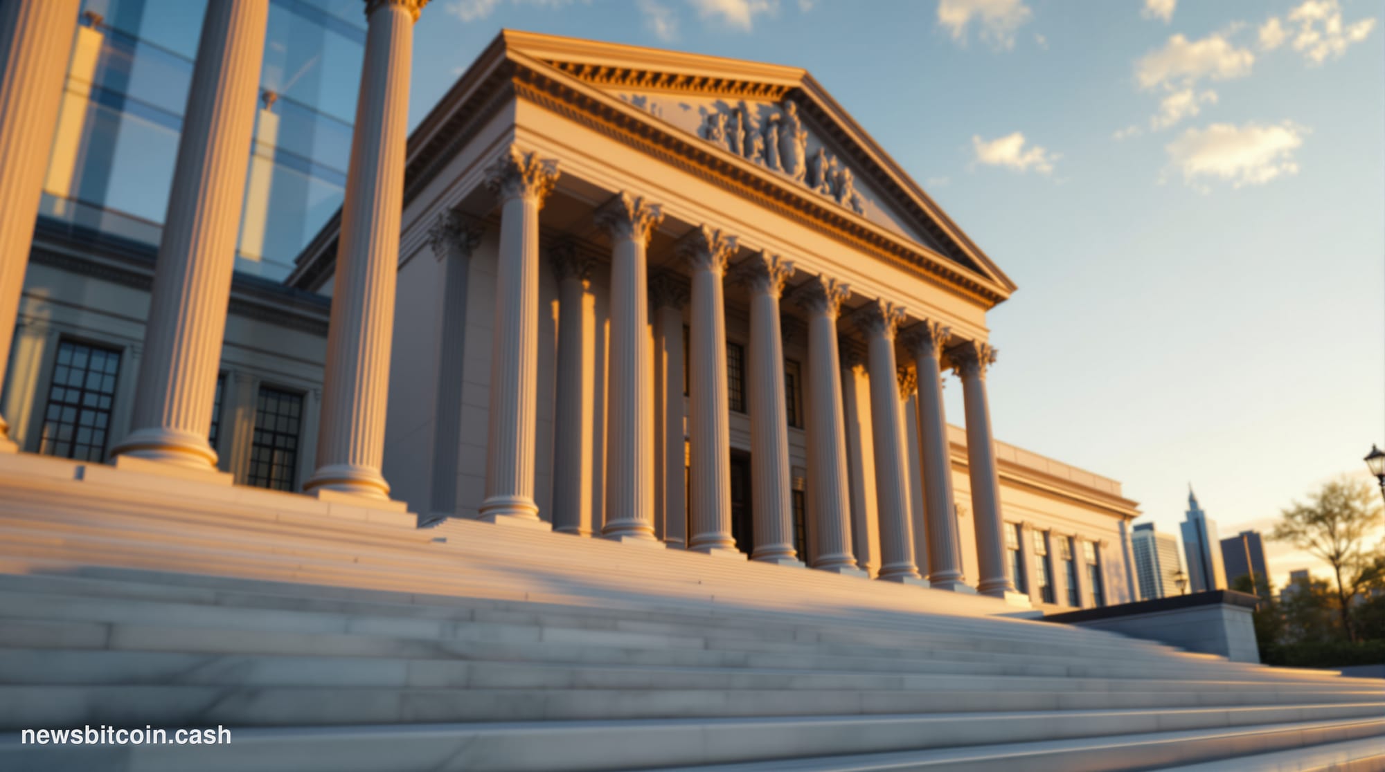 A cinematic photorealistic editorial photograph of the Office of the Comptroller of the Currency headquarters building in Was