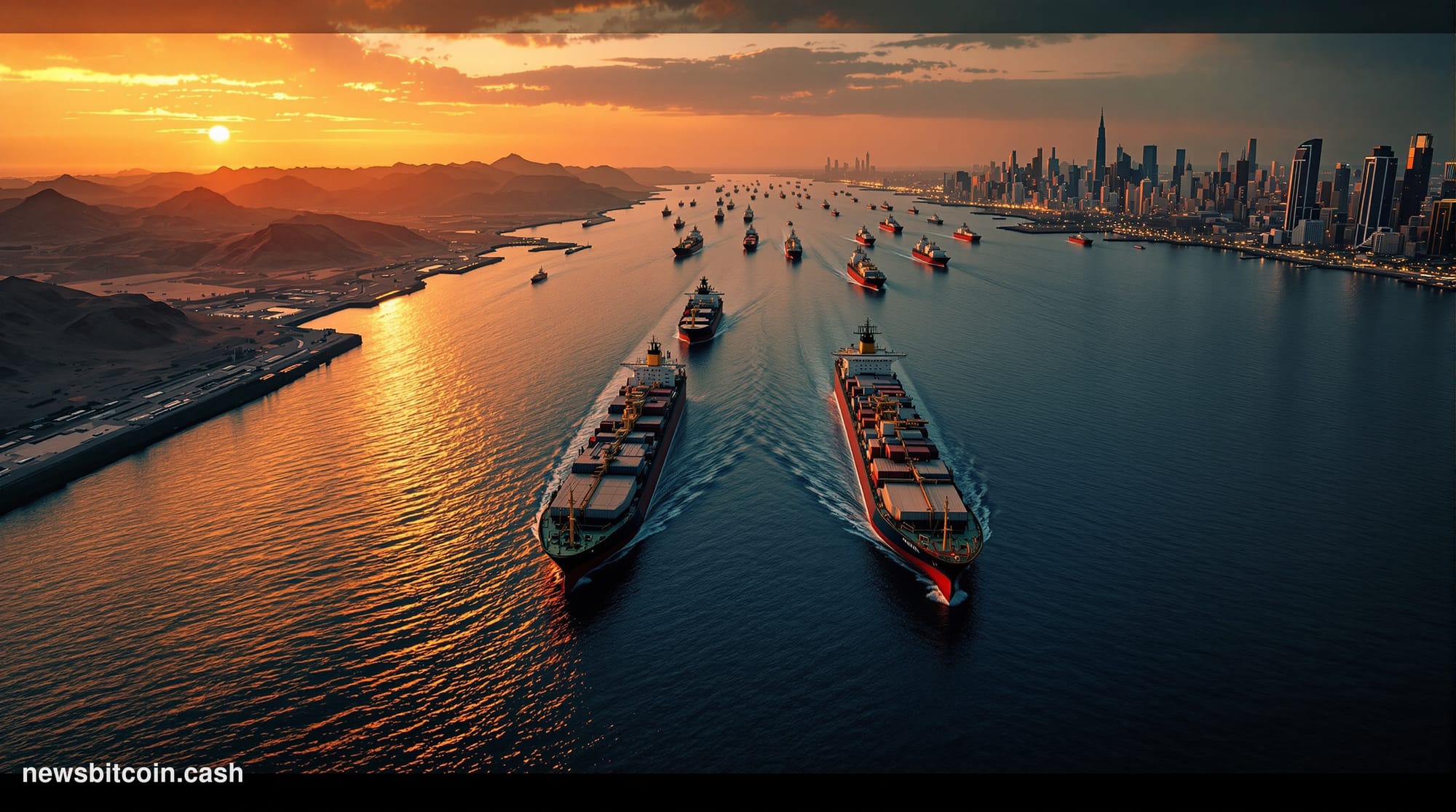 A cinematic photorealistic editorial photograph showing the Strait of Hormuz at golden hour, captured from an elevated perspe