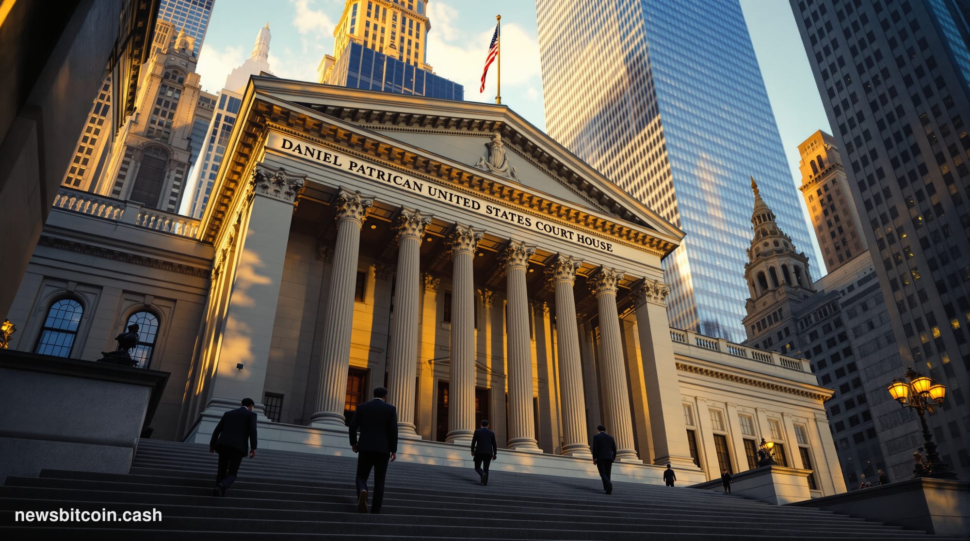 Cinematic photorealistic editorial photograph of the imposing Daniel Patrick Moynihan United States Courthouse in Lower Manha