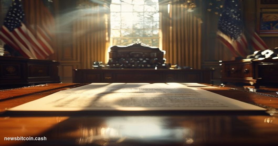 A cinematic photorealistic editorial photograph of the White House Oval Office during an executive order signing ceremony, sh