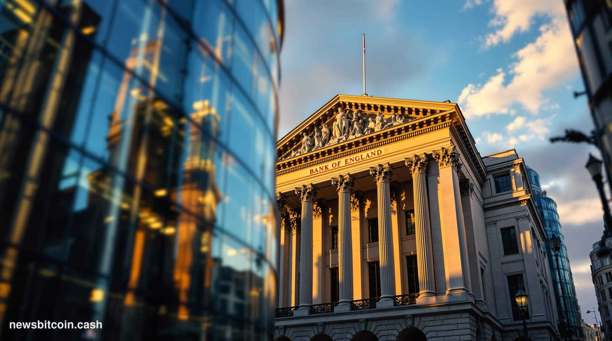 A cinematic photorealistic editorial photograph of the Bank of England's iconic neoclassical building in the City of London, 