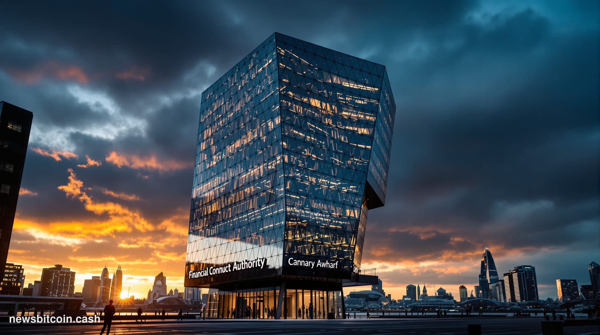 A cinematic photorealistic editorial photograph of the Financial Conduct Authority headquarters in London's Canary Wharf dist