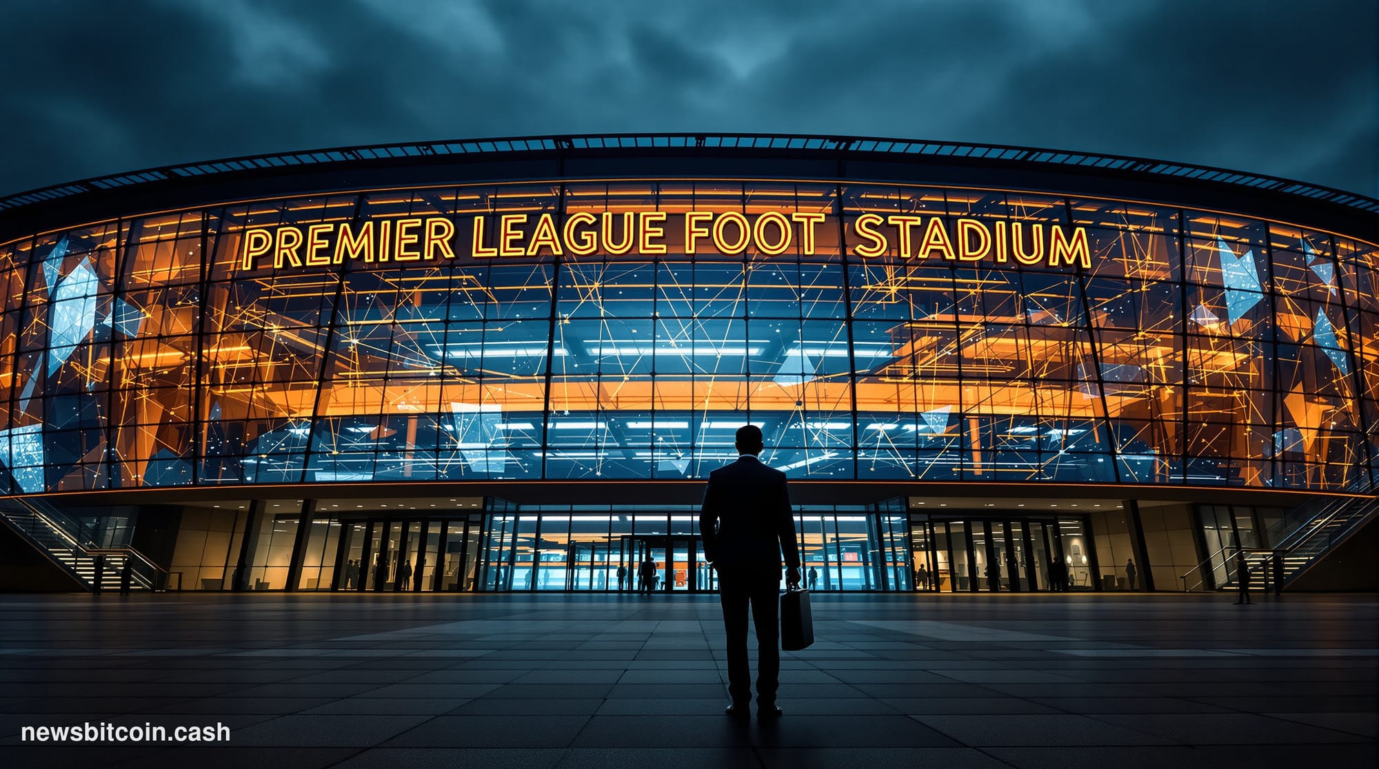 A cinematic photorealistic editorial photograph showing the iconic facade of a Premier League football stadium at dusk, with 