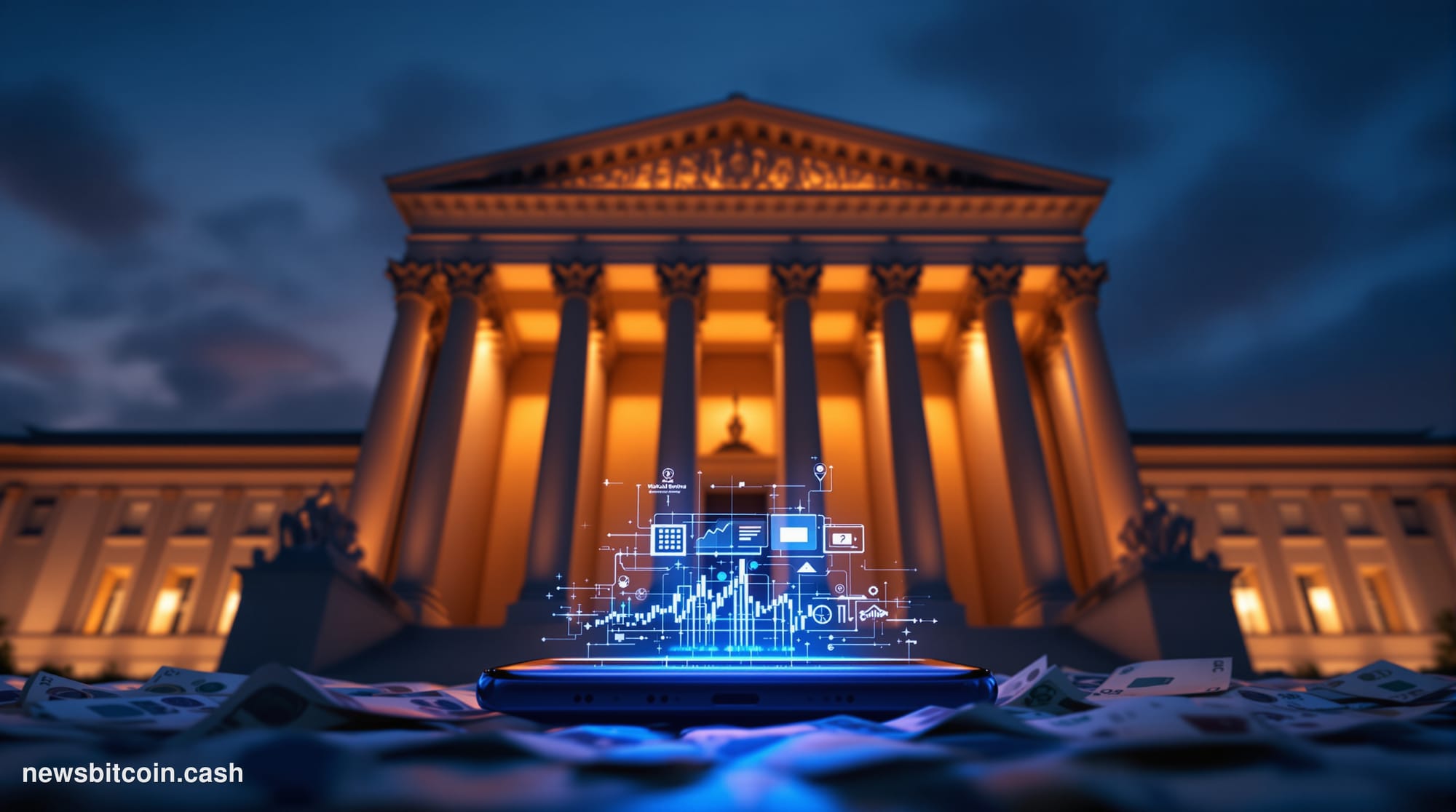 A cinematic photorealistic editorial photograph showing the imposing facade of the US Treasury Department building in Washing