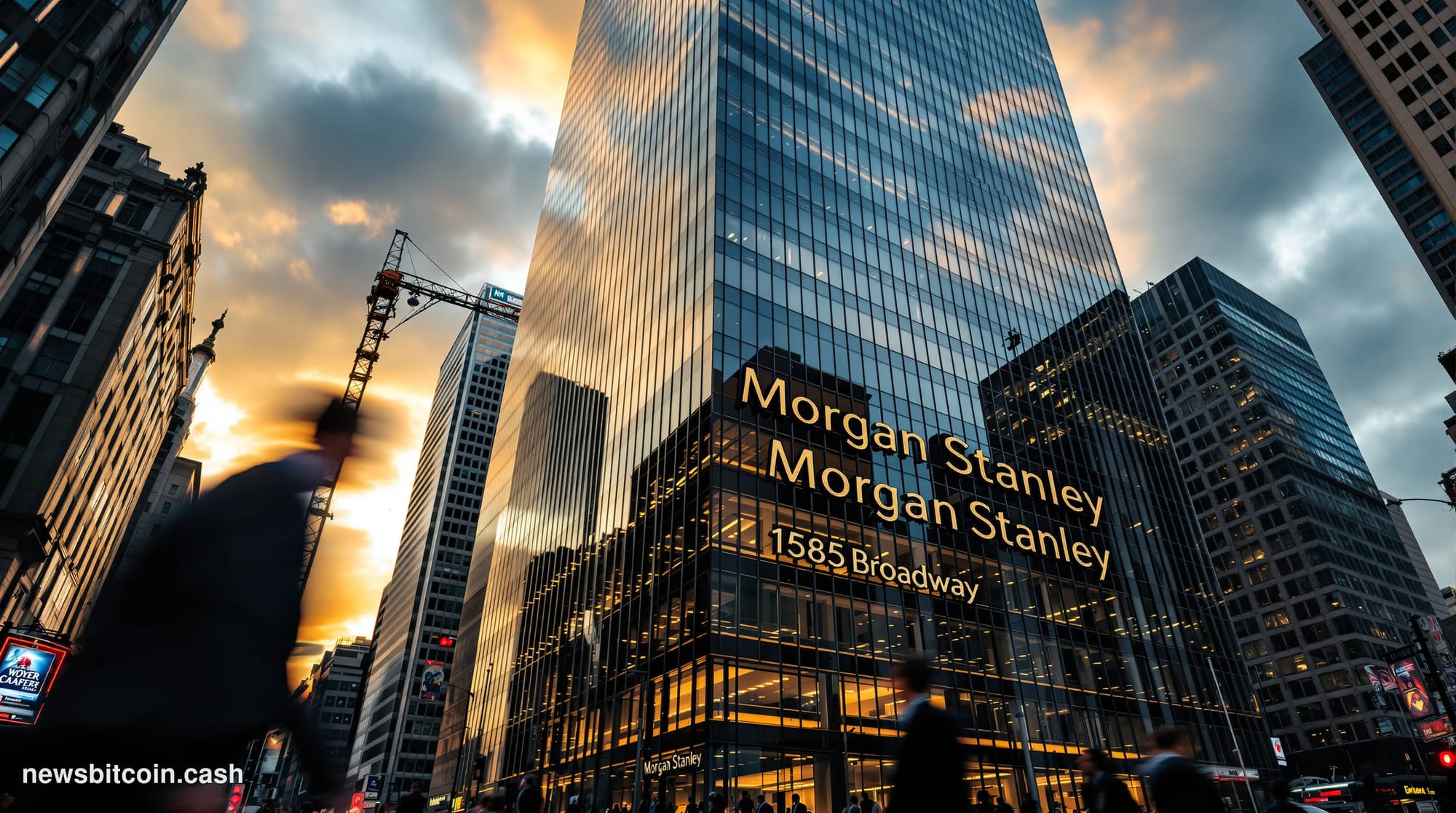 A cinematic photorealistic editorial photograph of Morgan Stanley's iconic headquarters at 1585 Broadway in New York's Times 