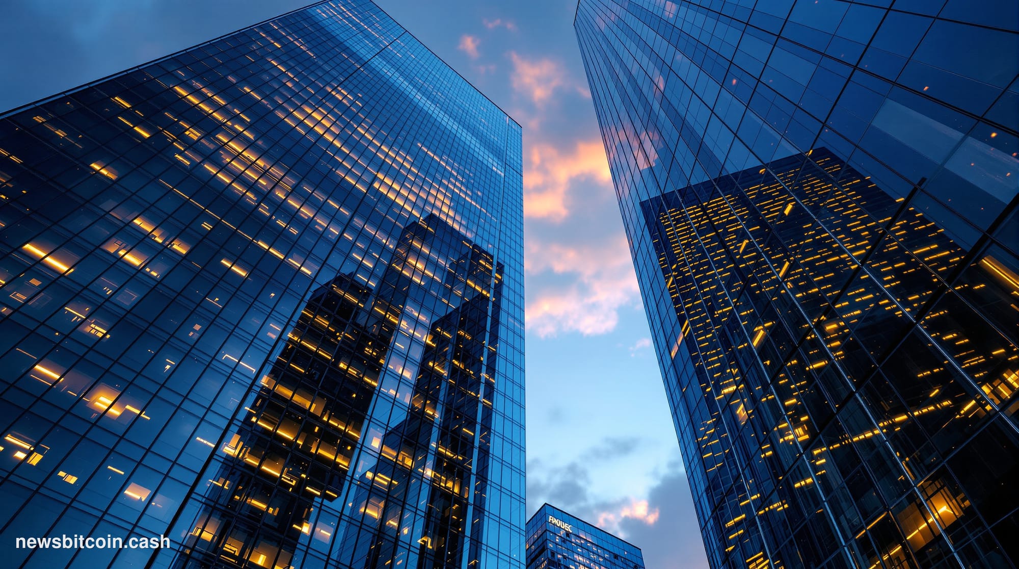 A cinematic photorealistic editorial photograph of the towering glass facades of Wall Street financial district buildings at 