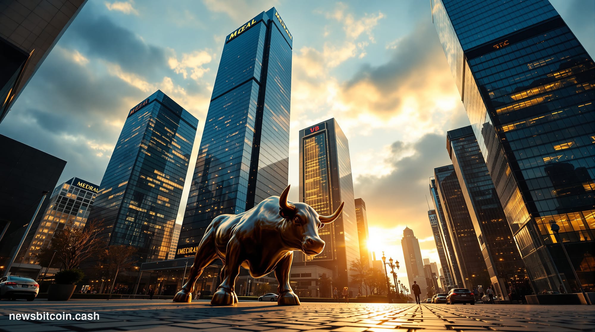 A cinematic photorealistic editorial photograph capturing Wall Street's financial district during golden hour, with the iconi