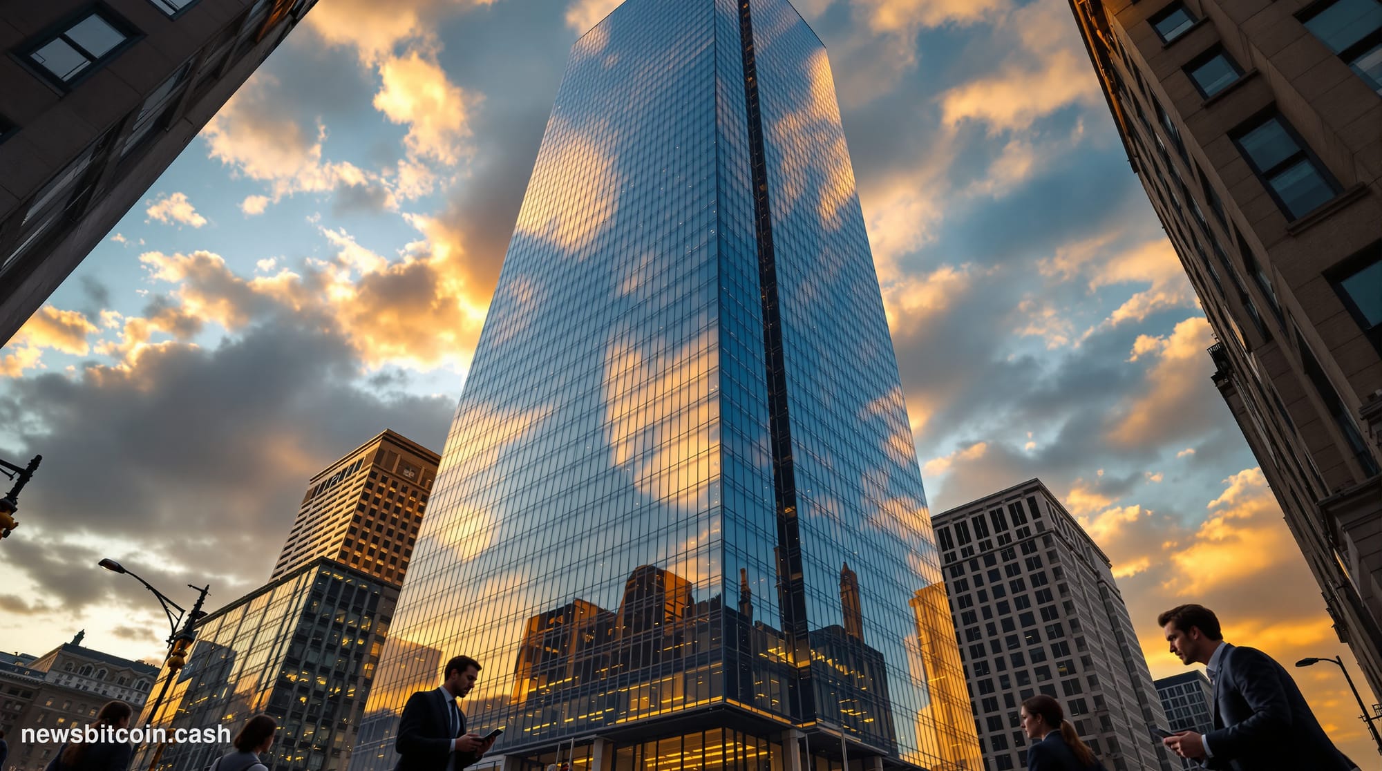 A cinematic photorealistic editorial photograph of Goldman Sachs' iconic headquarters at 200 West Street in Lower Manhattan, 