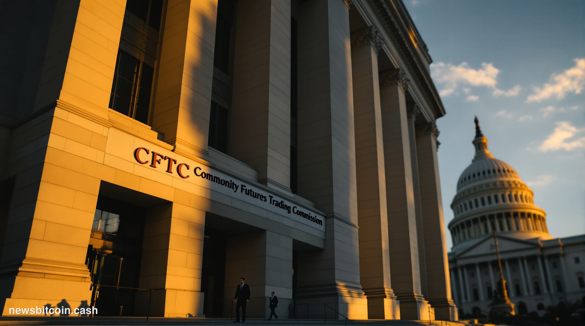 Cinematic photorealistic editorial photograph of the CFTC headquarters building in Washington D.C., shot from a low angle dur