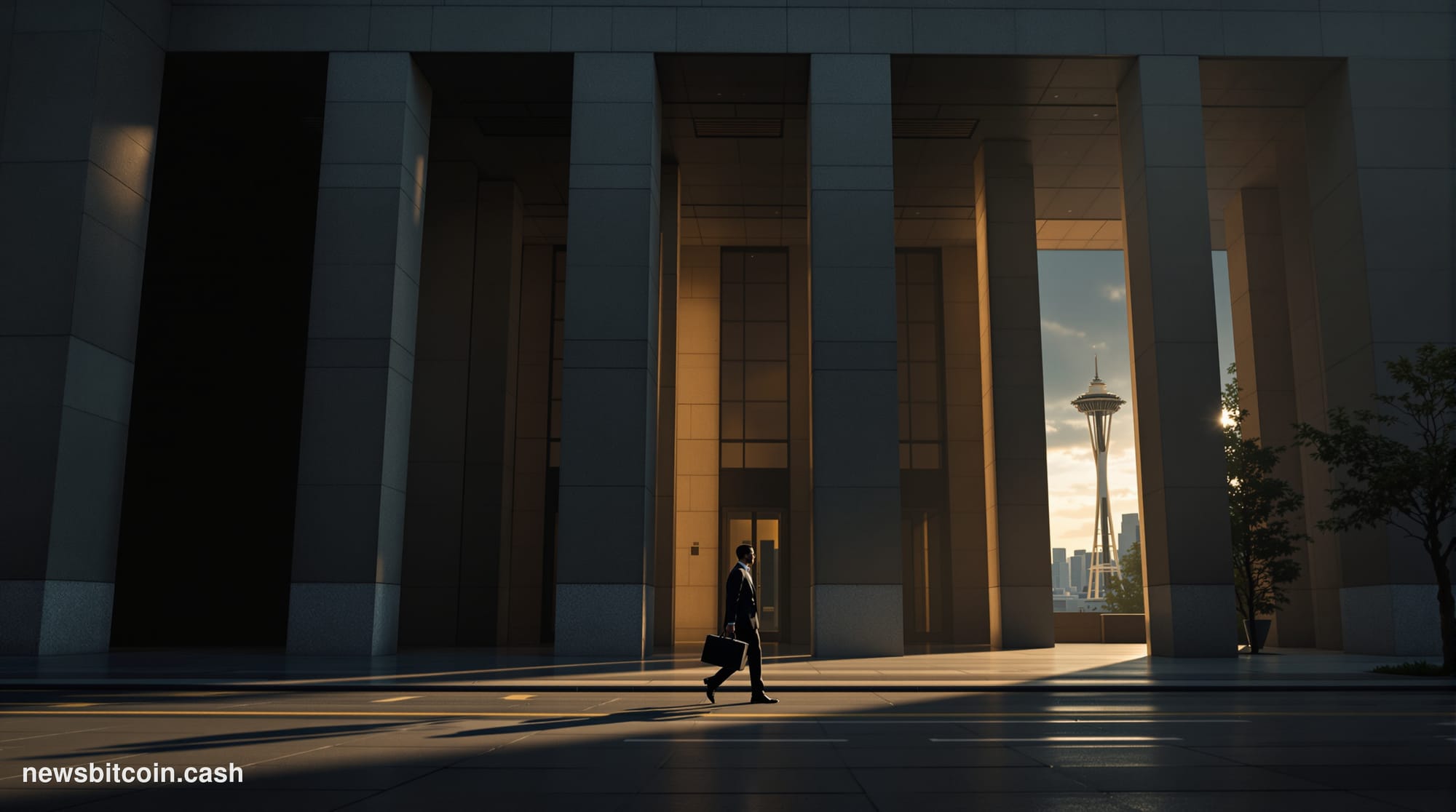 A cinematic photorealistic editorial photograph showing the imposing federal courthouse building in Seattle, Washington, with