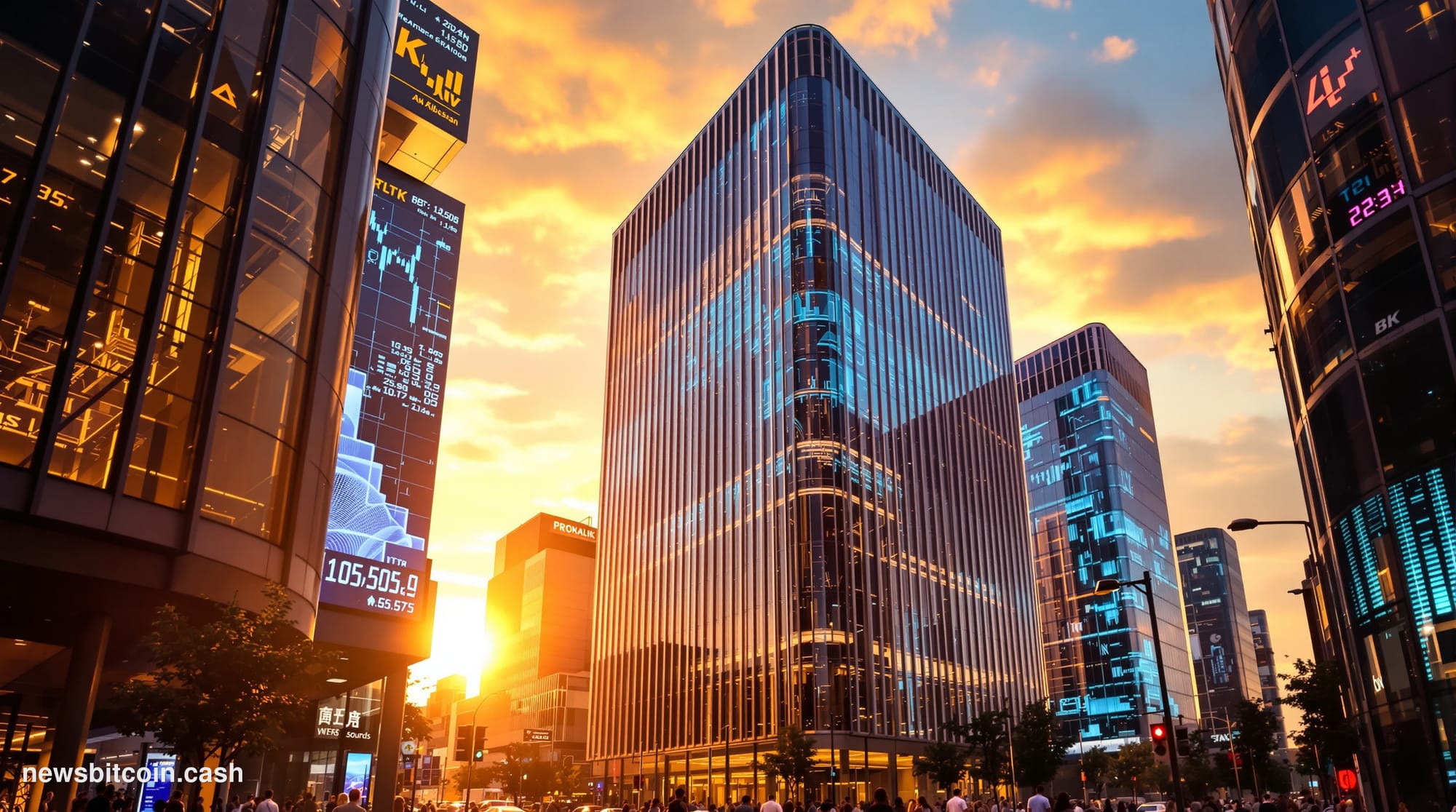 A cinematic photorealistic editorial photograph showcasing the convergence of traditional financial infrastructure and crypto