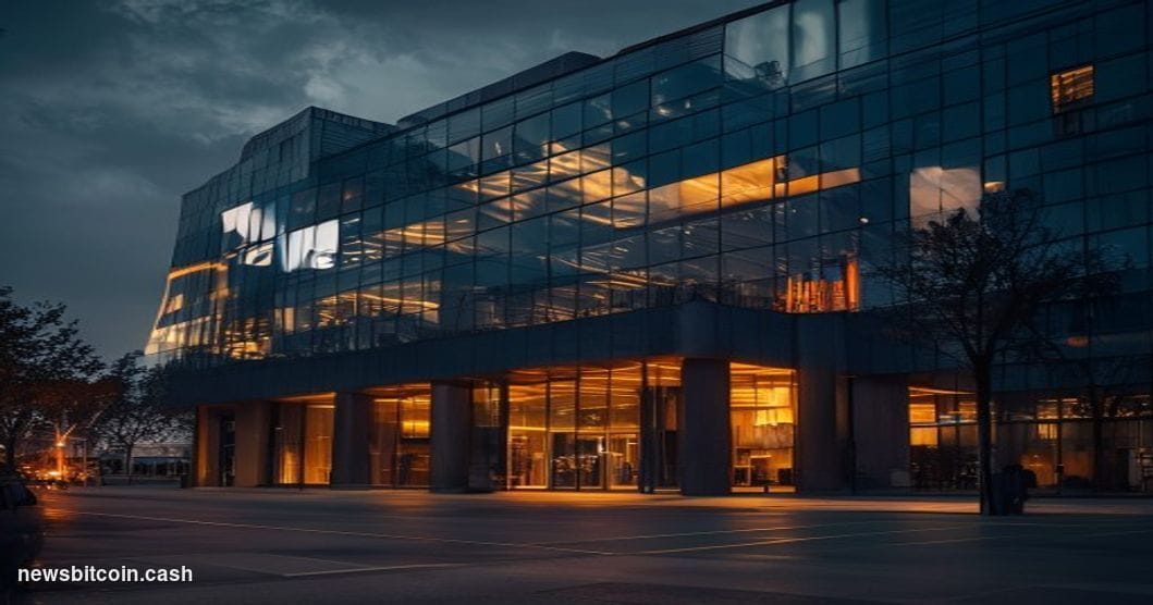 A cinematic photorealistic editorial photograph showing the exterior of Wise's modern London headquarters building at dusk, w