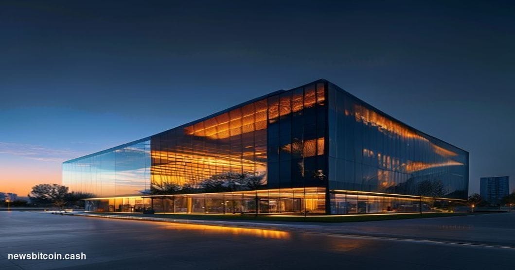 A cinematic photorealistic editorial photograph of a modern blockchain company headquarters building at golden hour, with cle