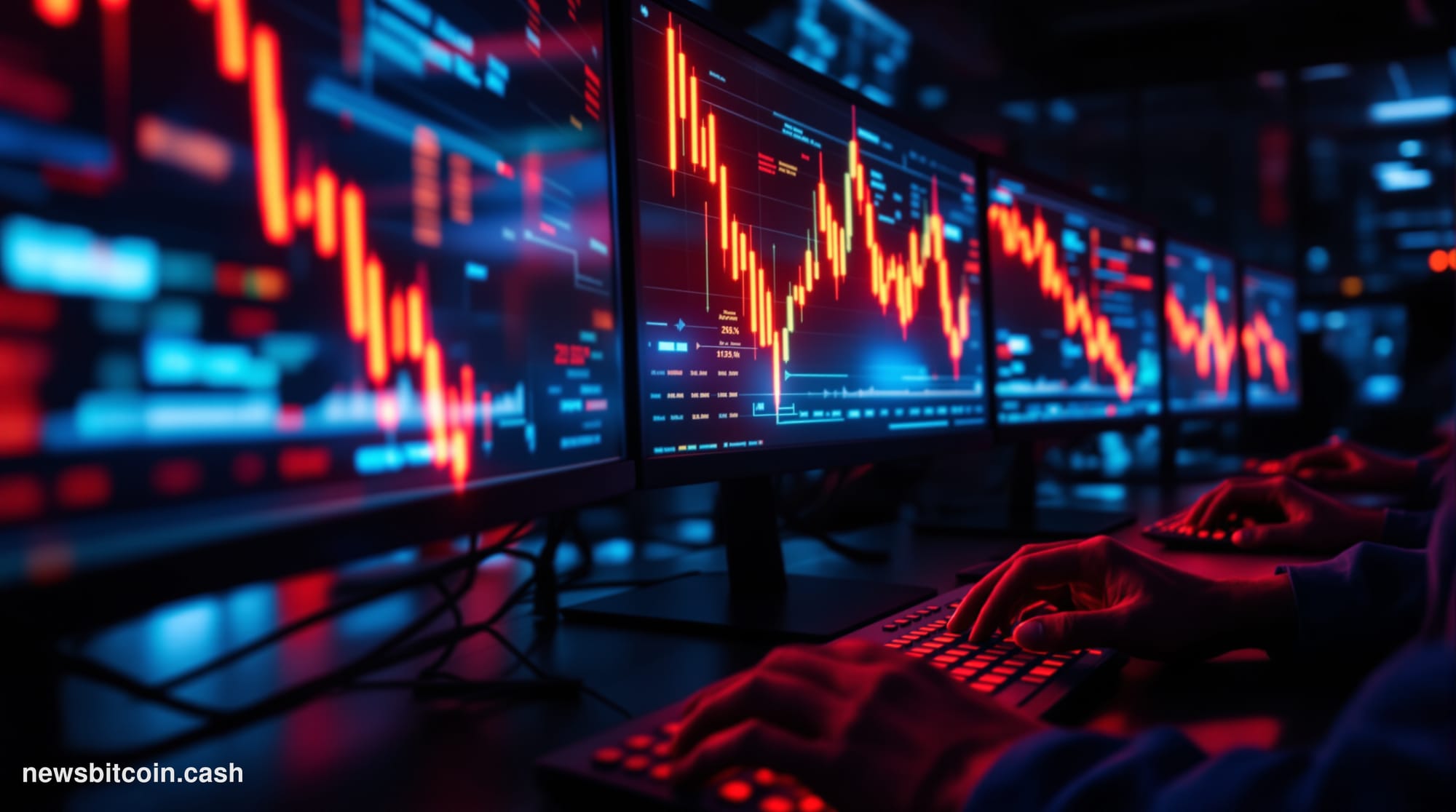 A cinematic photorealistic editorial photograph showing the Zcash cryptocurrency logo or symbol displayed on multiple trading