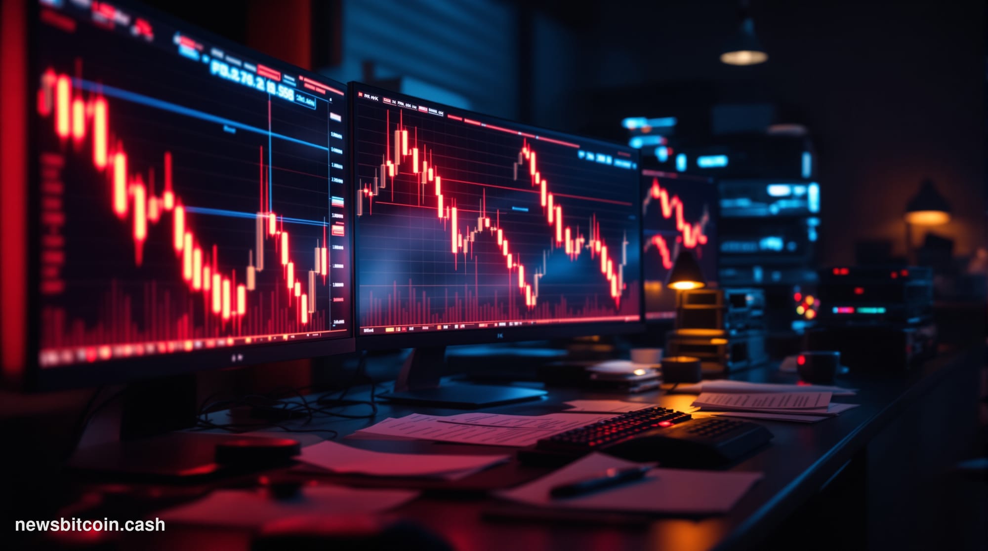 A cinematic photorealistic editorial photograph showing a dramatic financial crisis scene with Zcash-related elements. The fo