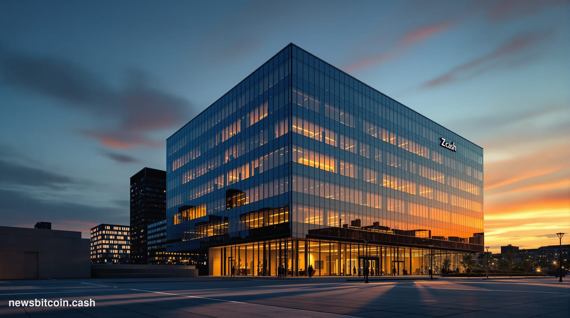 A cinematic photorealistic editorial photograph of a modernist glass office building in Denver, Colorado (Zcash headquarters 