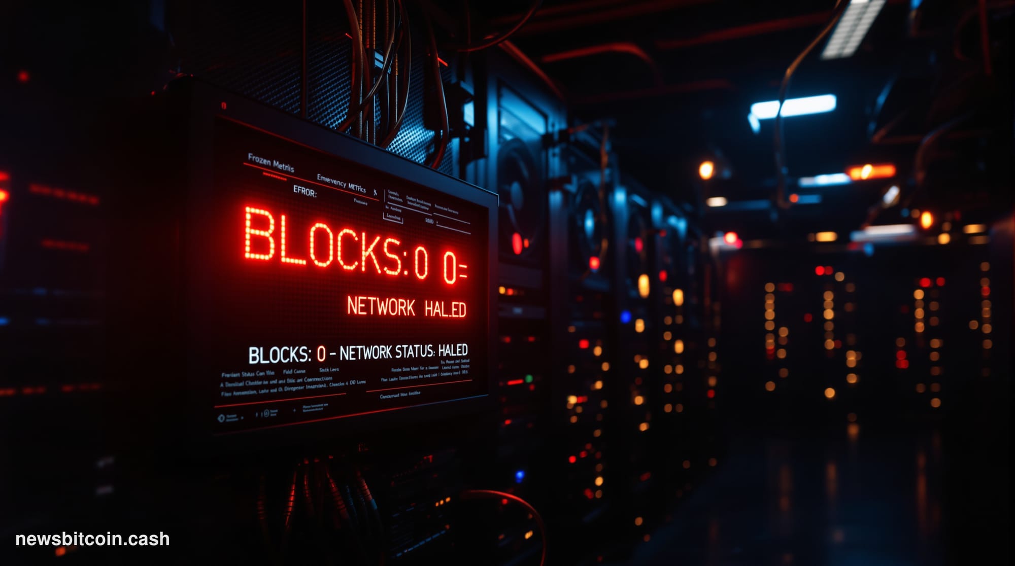 A cinematic photorealistic editorial photograph showing a darkened computer server room with rows of mining equipment, the sc