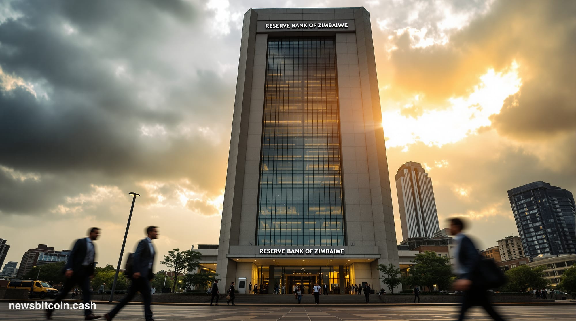 A cinematic photorealistic editorial photograph of the Reserve Bank of Zimbabwe headquarters building in Harare, shot from a 