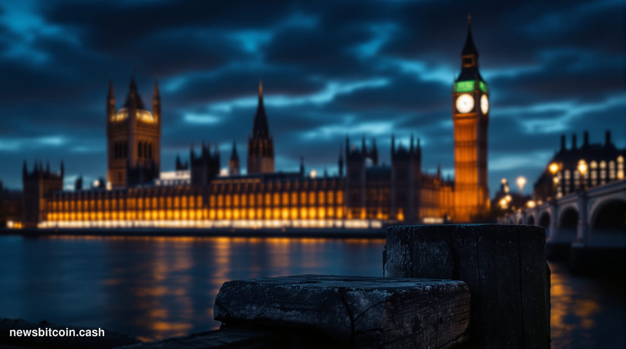A cinematic photorealistic editorial photograph of the UK Houses of Parliament at Westminster, shot from across the Thames at