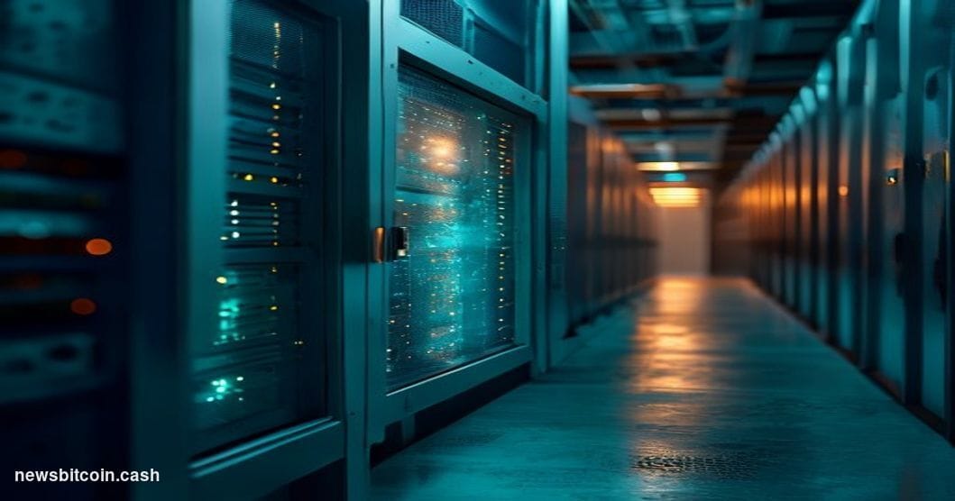 A cinematic photorealistic editorial photograph shot from a low angle looking up at a cold, dimly lit server vault interior, 