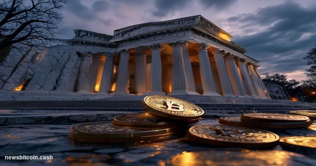 Cinematic photorealistic editorial photograph of the U.S. Treasury building in Washington D.C. shot at dusk from a low angle,