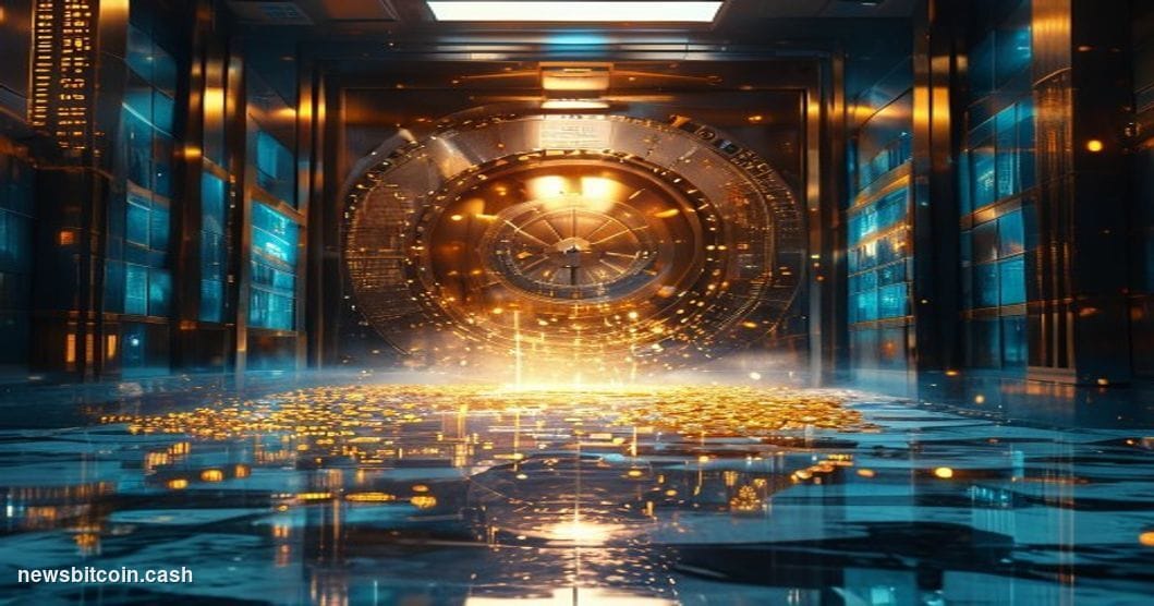 Cinematic photorealistic editorial photograph of a massive steel vault door swinging open in a darkened financial institution
