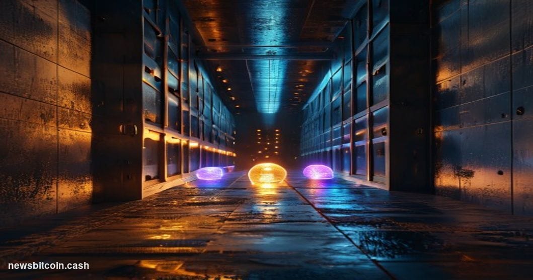 Cinematic photorealistic editorial photograph of a heavy steel vault door swinging open in a dimly lit underground chamber, w