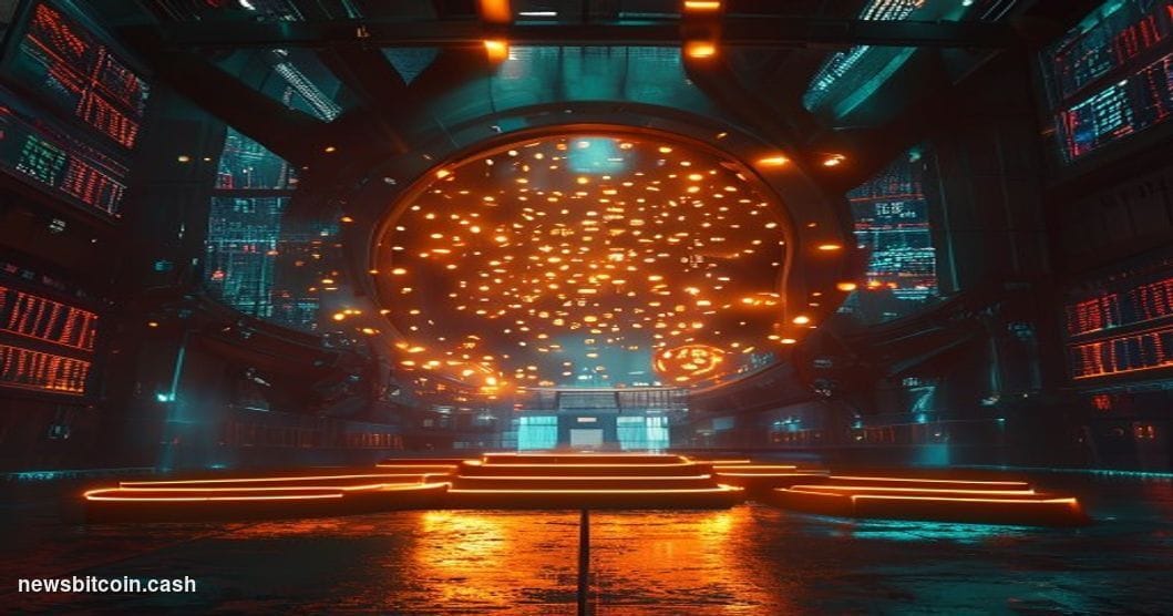 Cinematic photorealistic editorial photograph shot from a low angle looking up at a massive industrial vault door swinging op