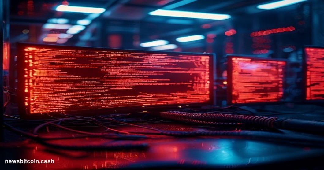 Cinematic photorealistic editorial photograph of a dark, dramatic digital operations center with multiple large monitors disp