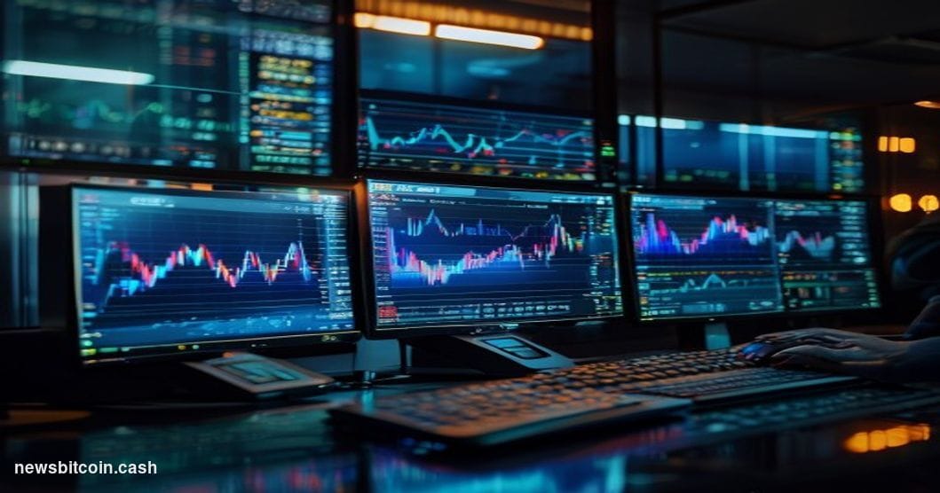Cinematic photorealistic editorial photograph of three illuminated digital trading terminals arranged side by side in a darke