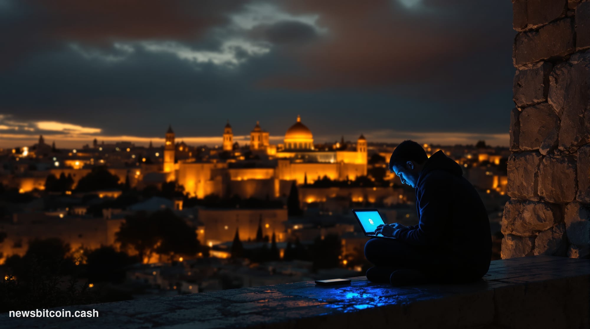 Cinematic photorealistic editorial photograph shot at dusk near the Old City walls of Jerusalem, with ancient golden limeston
