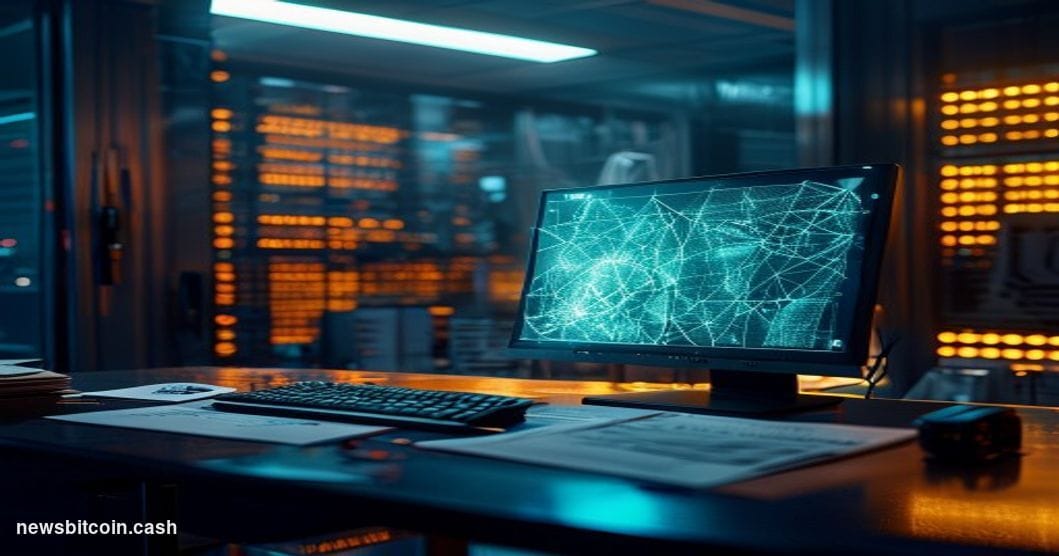 Cinematic photorealistic editorial photograph of a dimly lit high-security cryptography research lab, with a lone illuminated