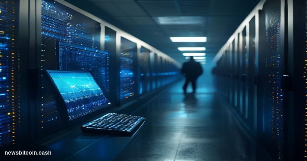 A cinematic photorealistic editorial photograph set inside a sleek, dimly lit data center corridor in San Francisco, shallow 