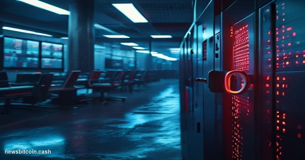 A cinematic photorealistic editorial photograph of a closed digital trading floor, with darkened monitors displaying frozen w