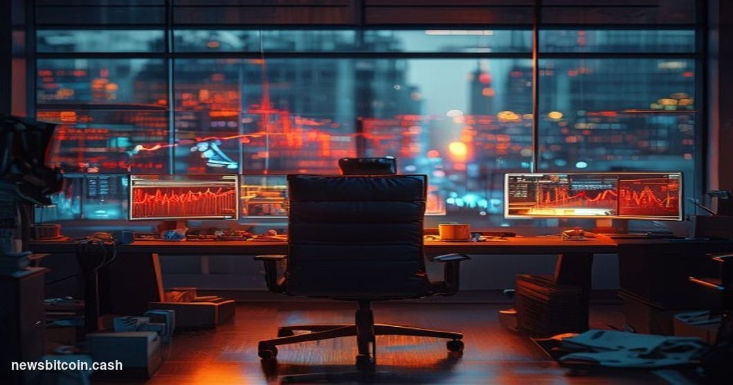 Cinematic photorealistic editorial photograph of a darkened cryptocurrency exchange trading floor, computer screens dimly glo