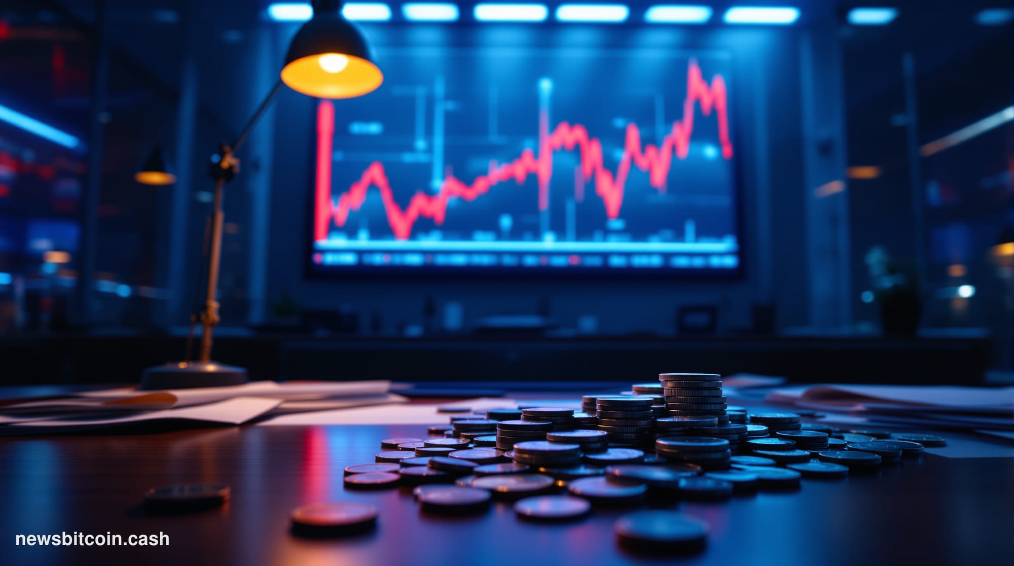 A cinematic photorealistic editorial photograph of a Nasdaq stock ticker display board inside a dimly lit financial trading e