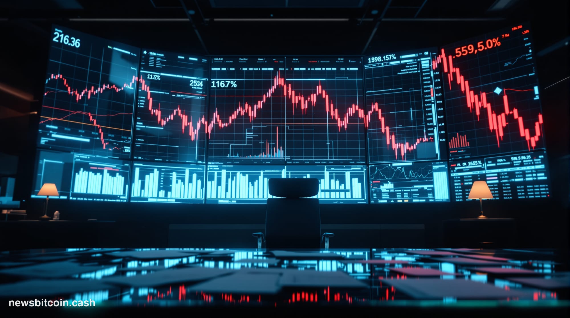 Cinematic photorealistic editorial photograph of a crumbling corporate trading floor environment, shot from a low angle looki