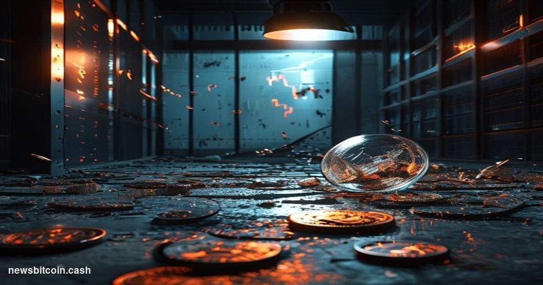 Cinematic photorealistic editorial photograph of a shattered glass vault door lying on a cold concrete floor, dramatic side-l