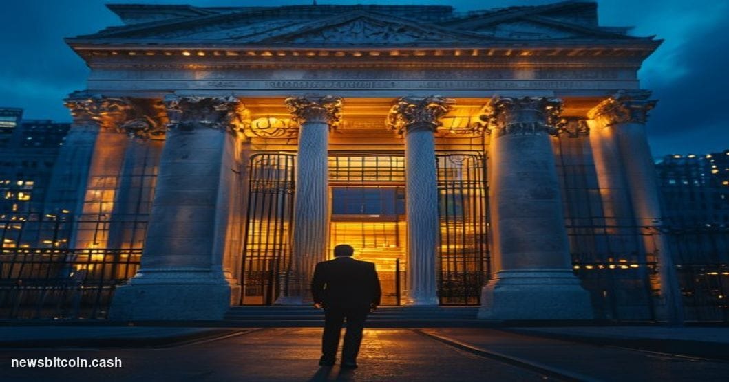 Cinematic photorealistic editorial photograph of the Bank of England's iconic neoclassical Threadneedle Street headquarters i