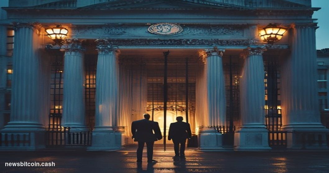 Cinematic photorealistic editorial photograph of the Bank of England's iconic neoclassical Threadneedle Street facade in the 