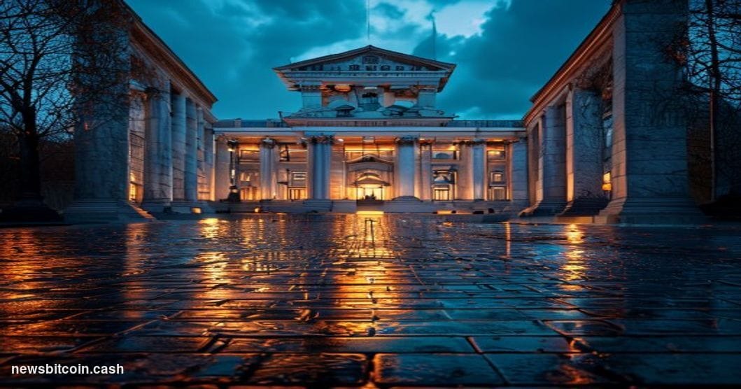 Cinematic photorealistic editorial photograph of the Bank of Russia's neoclassical headquarters building in Moscow, shot at d