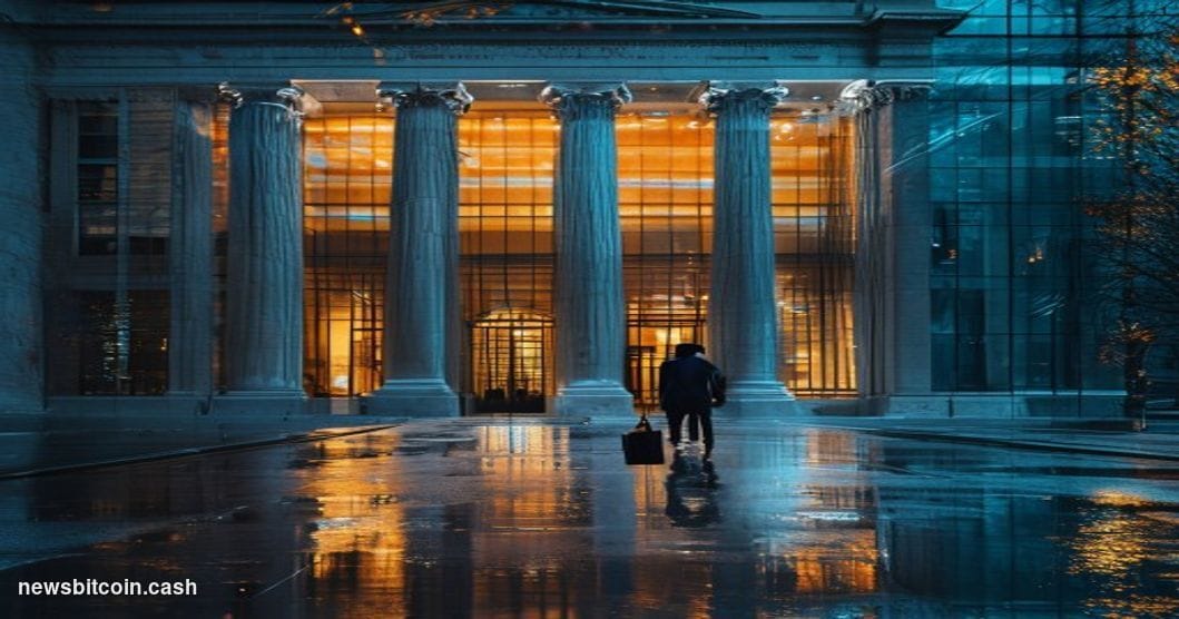 Cinematic photorealistic editorial photograph of the exterior of a grand neoclassical bank building — marble columns, heavy b